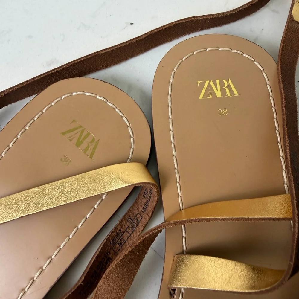 Zara Women's Gold Metallic Flat Sandals - Picture 3 of 5